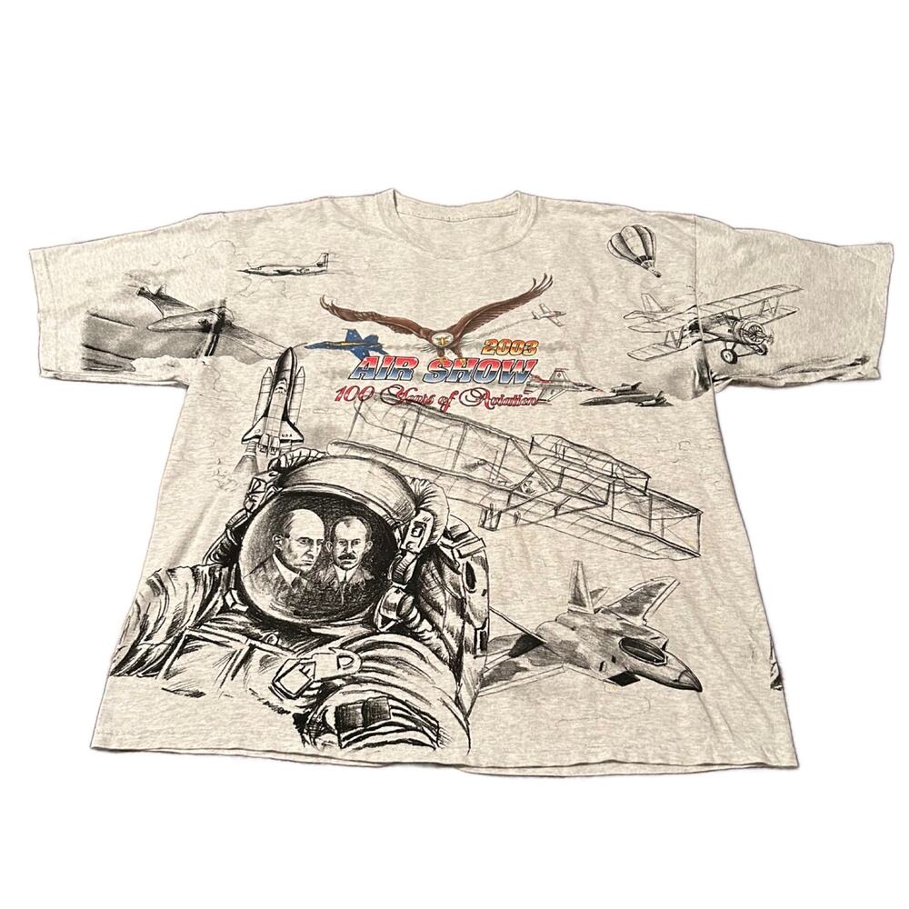 Y2K 2003 AOP Allover Print Air Show 100 Years Of Flight T Shirt / Men’s 2XL -